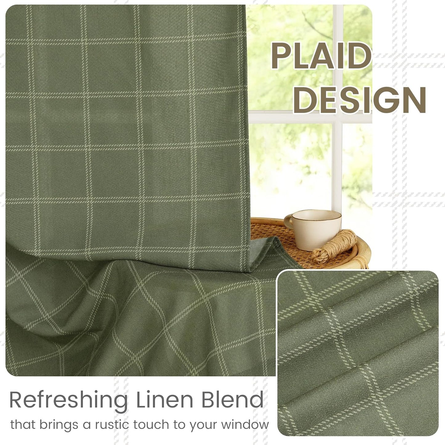 NICETOWN Linen Plaid Curtains - Modern Moss Green Check Window Panels | Light Filtering, 52" x 84" (2 Panels)