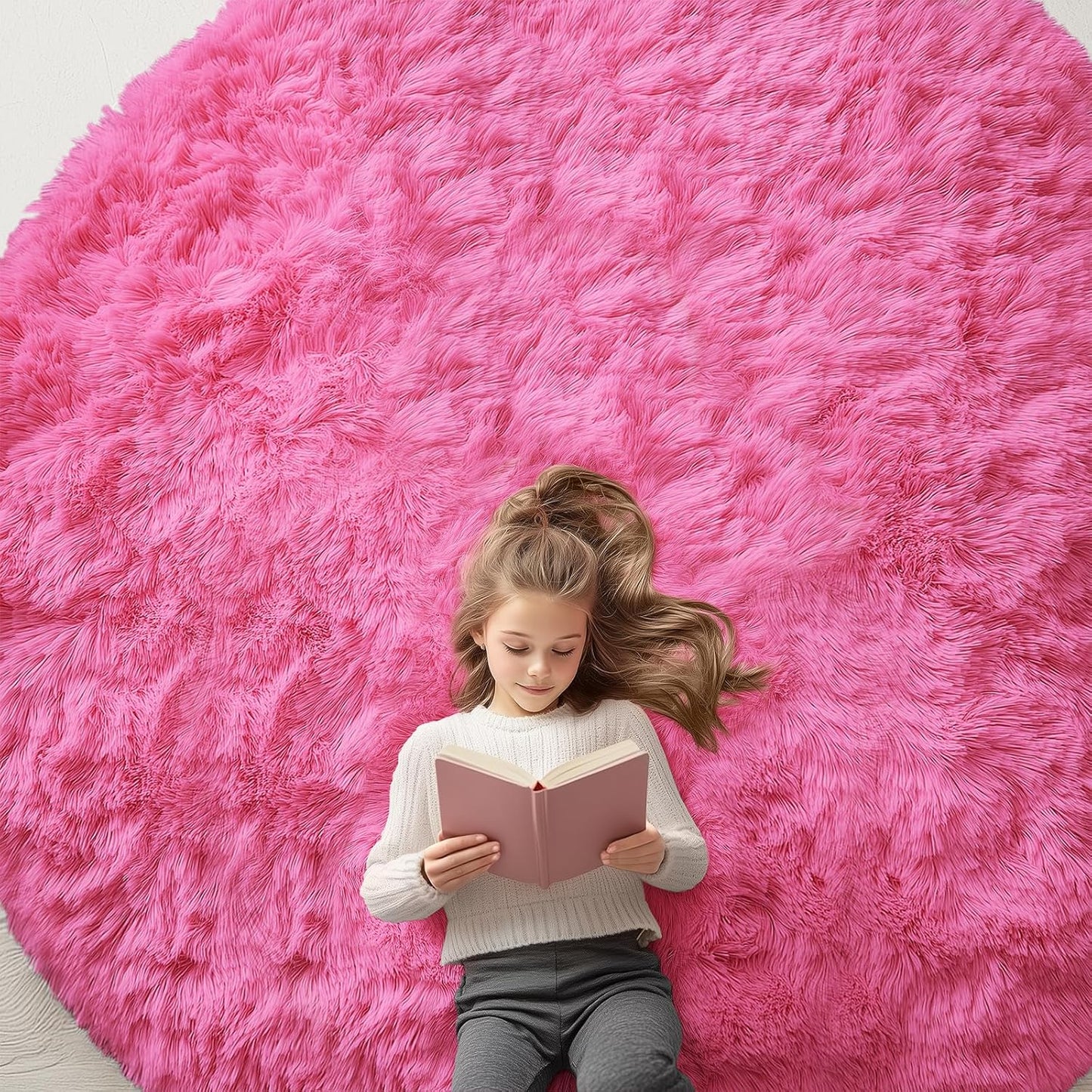 OLANLY Round Hot Pink Area Rug - Soft & Fluffy 8 ft Circle Carpet for Bedroom, Living Room & Nursery Decor