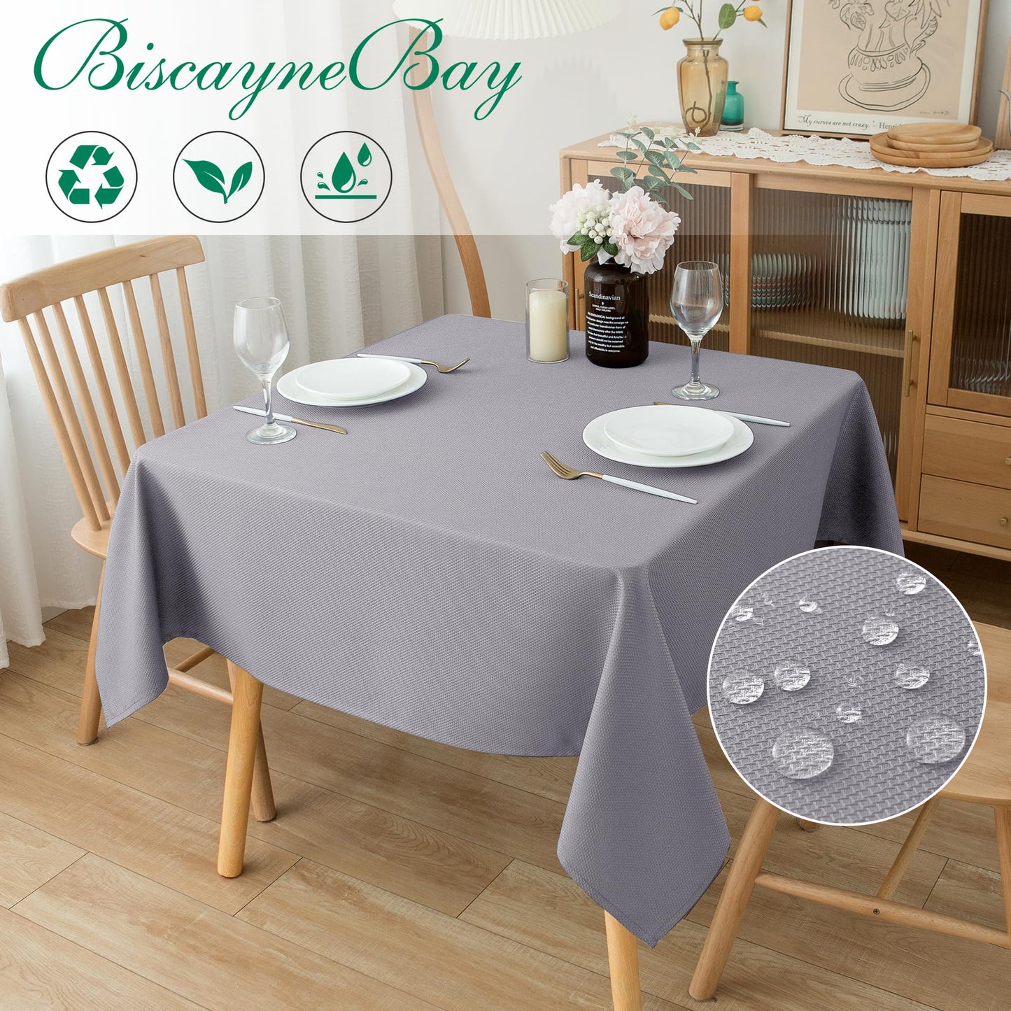 Biscaynebay Textured Fabric Square Tablecloths 60"x60", Silver Grey Water Resistant Table Cloth Small Card Folding Table Covers Linen for Dining, Kitchen, Wedding & Parties, etc. Machine Washable