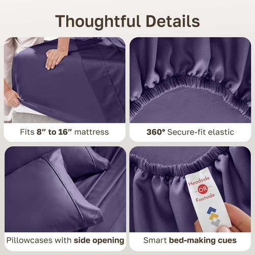 California Design Den Queen Cotton Sheet Set - 400 TC Award-Winning Silky Smooth Sateen | Deep Pocket, Breathable Purple Bedding