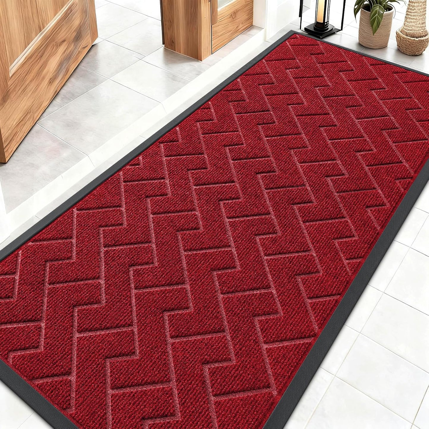 OLANLY Waterproof Front Door Mat - All-Season Herringbone Design, Easy Clean, Low Profile | Wine Red, 59x23