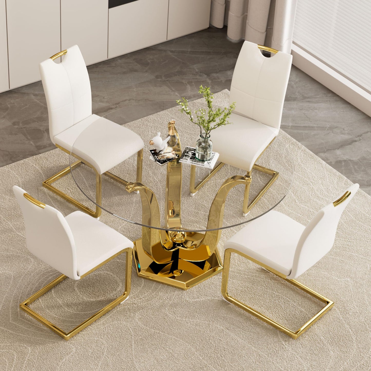 47.2" Round Glass Dining Table for 4-6, Modern Dining Room Table with Circular Tempered Glass Tabletop, Kitchen Table with Stainless Steel Frame for Dining Room, Kitchen, Apartment, Dwelling (Golden)