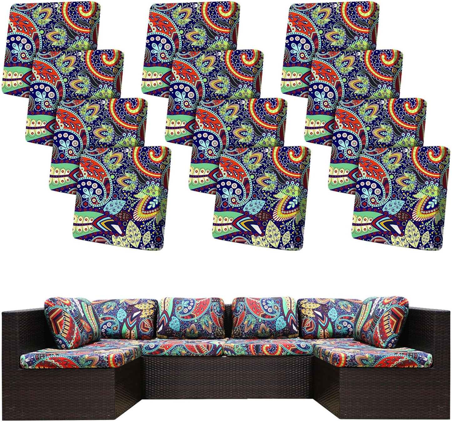 Rococo 12-Piece Stretch Patio Cushion Covers - Washable Outdoor Sofa Slipcovers for Furniture Protection