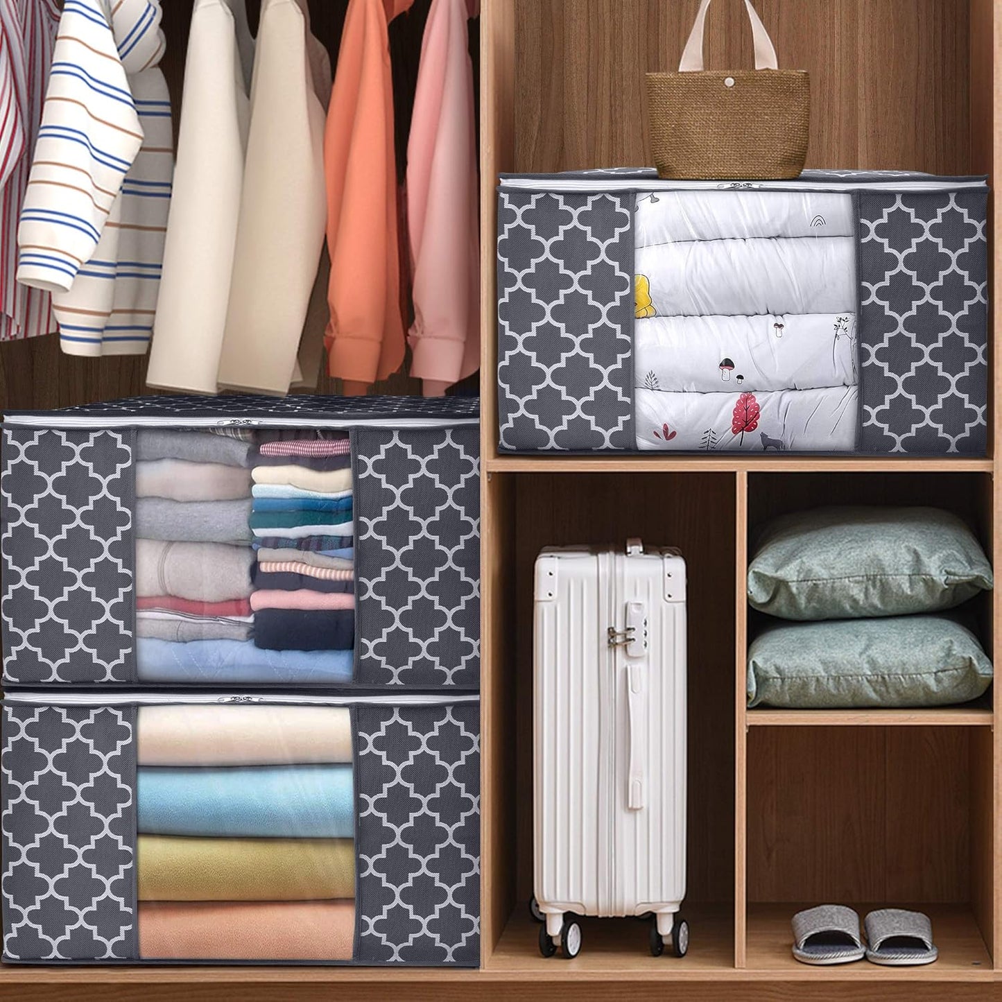 WISELIFE Storage Bags - Large Blanket and Clothes Organizer with Clear Window | Grey, 3 x 100L, Foldable Design