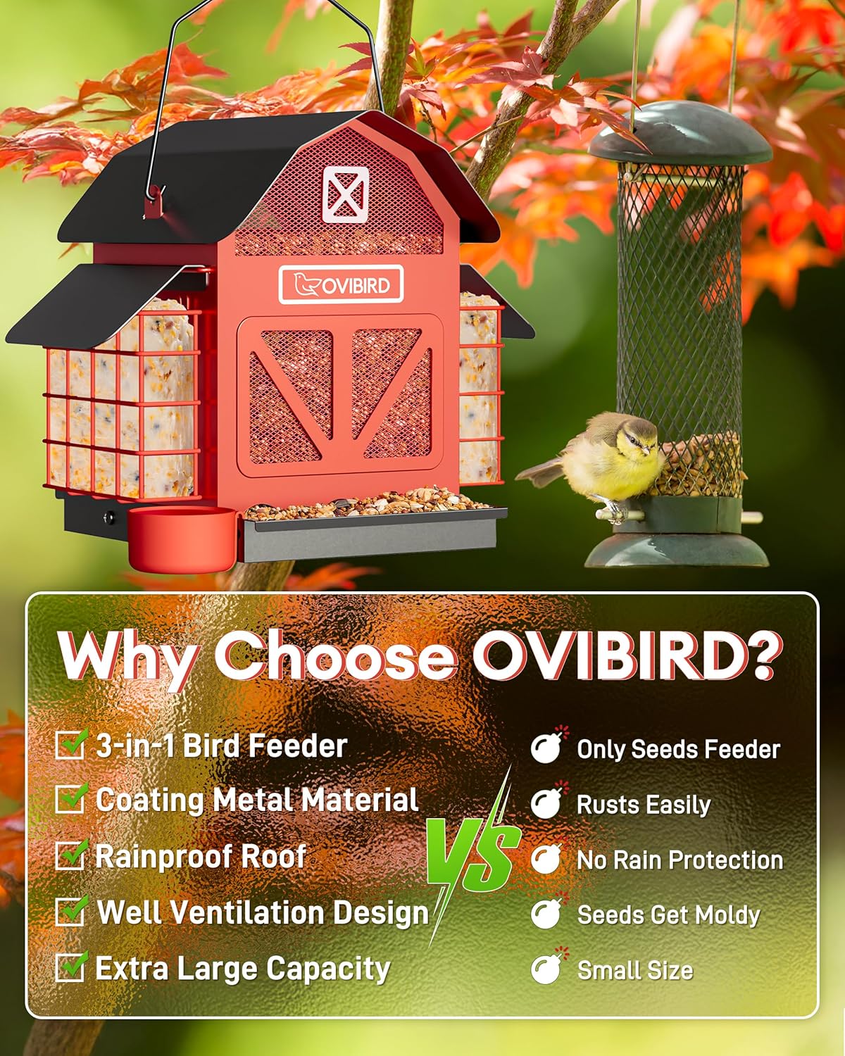 Red Barn Metal Bird Feeder - Large 5LBS Outdoor Hanging Feeder with 2 Suet Cages | Weather Resistant for Bird Watching
