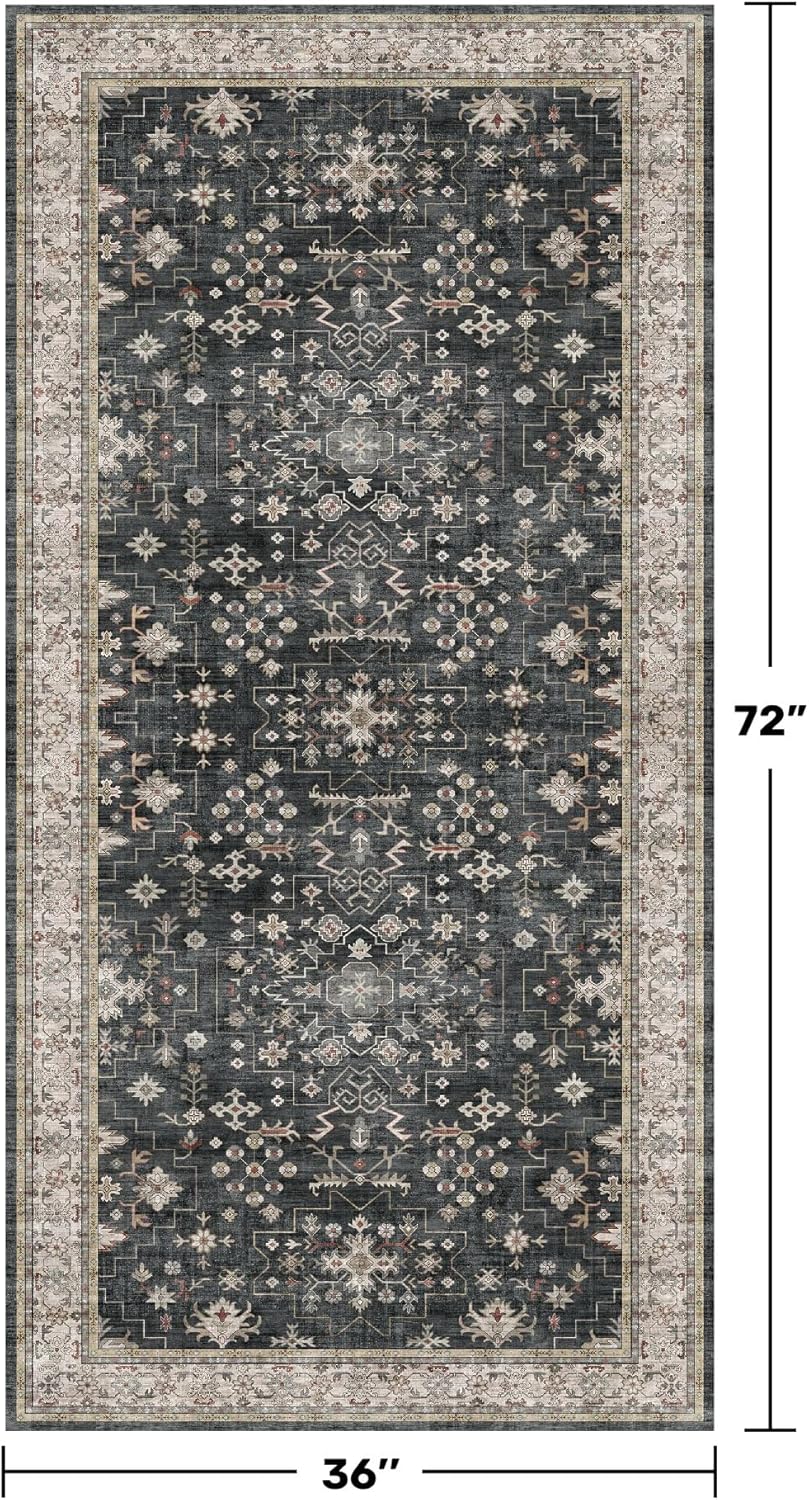 Skiennix Large Black Boho Kitchen Runner Rug - Washable, Non-Slip, Stain & Fade Resistant | Vintage Floral Design, 3x6 ft