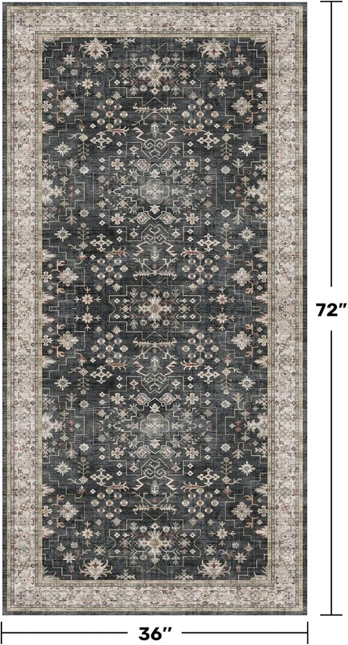 Boho Black Kitchen Runner Rug - Washable 3x6 Non-Slip & Stain Resistant | Vintage Floral Design