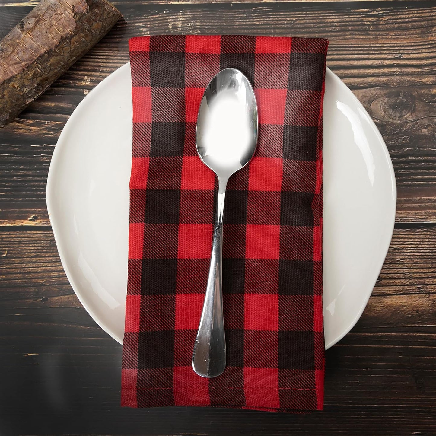 PERLLI Kitchen Cloth Napkins - Buffalo Plaid Red & Black - 100% Cotton, 18x18 Inches | 12 Pack, Washable & Reusable for Holiday Decor