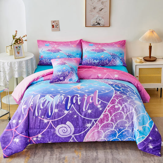RYNGHIPY Mermaid Comforter Set 6Pcs, Kids Gilrs Bed in a Bag Full Size, Mermaid Tail Print Teens Girls Bedding Set, Rainbow Bedding Collections