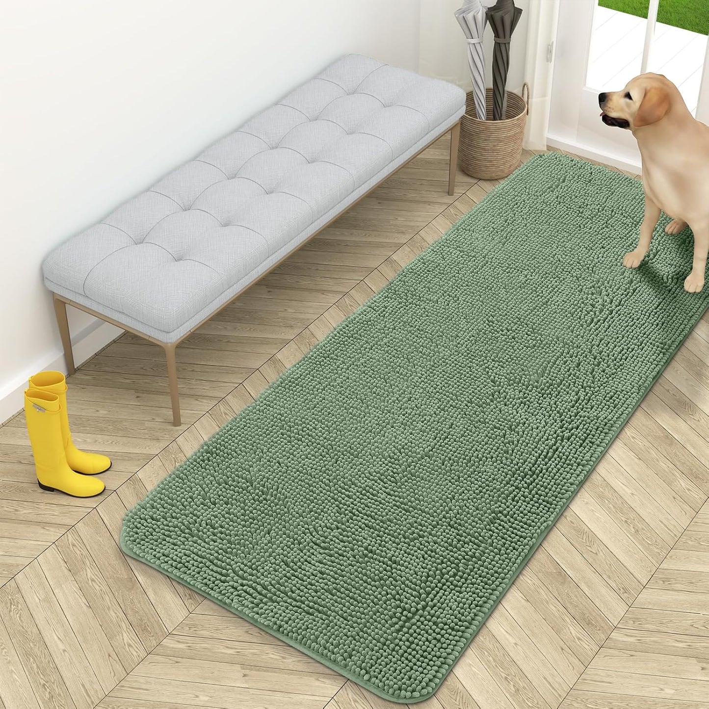 OLANLY Dog Door Mat - Absorbent Non-Slip Washable Doormat for Muddy Paws | 59x24 Inches, Olive Green