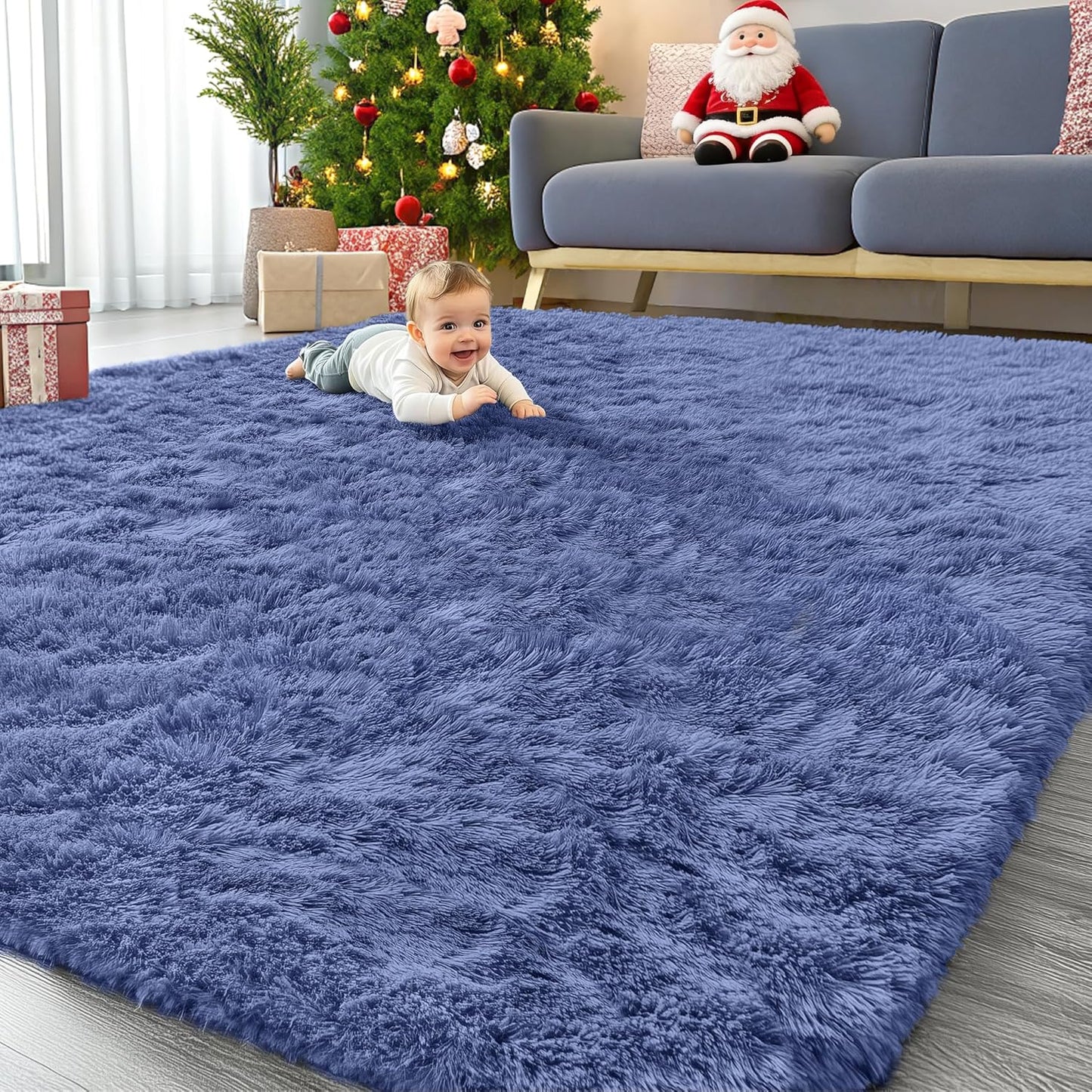 OLANLY Large Area Rug - Soft Fluffy Shaggy Indoor Carpet for Living Room & Bedroom | Denim Blue, Machine Washable