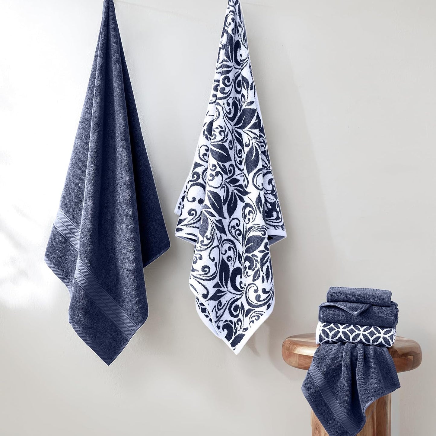 Modern Threads 100% Cotton Towel Set | 6-Piece Reversible Yarn Dyed Jacquard - Soft, Absorbent & Quick Dry - Navy