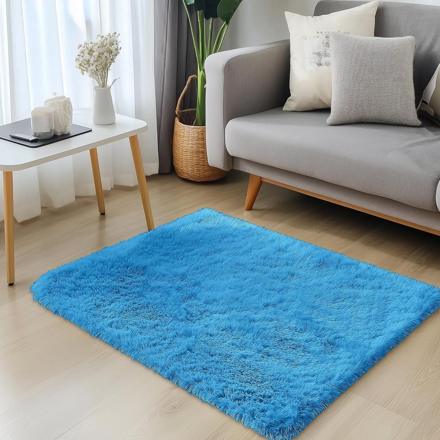 OLANLY Small Bedside Rug - Soft Fluffy Shaggy Indoor Carpet for Bedroom & Living Room | Bright Blue