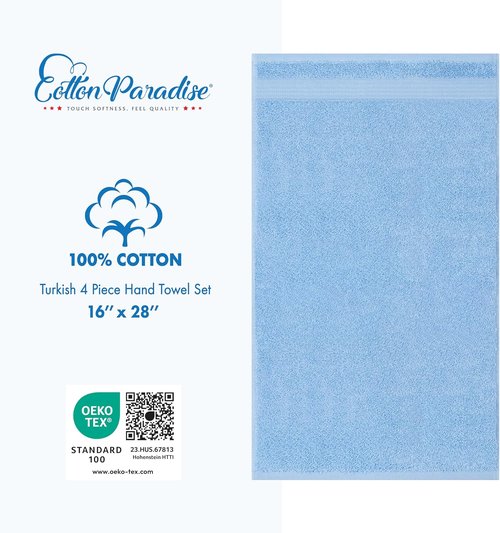 Cotton Paradise Hand Towels - 100% Turkish Cotton, Soft & Absorbent 4-Piece Set in Sky Blue