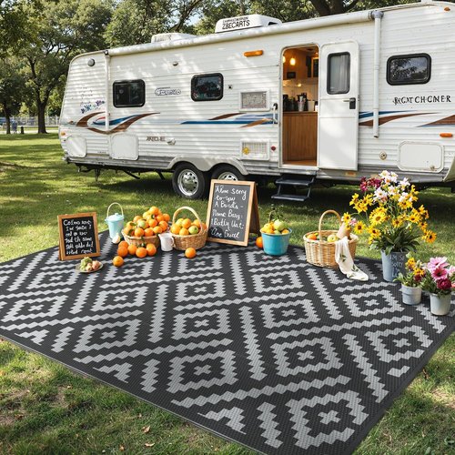 GENIMO Outdoor Rug - Waterproof Reversible Mat for Patio | 6'x9' Black & Gray Design