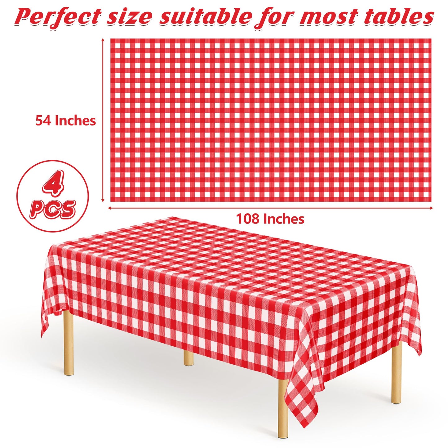 4Pack Plastic Table Cloth Ddisposable, 54" x 108" Table Cloth Rectangle Table, Waterproof Red and White Checkered Tablecloth, Outdoor Picnic Table Cover for Birthday Party Gathering Holiday Dinner