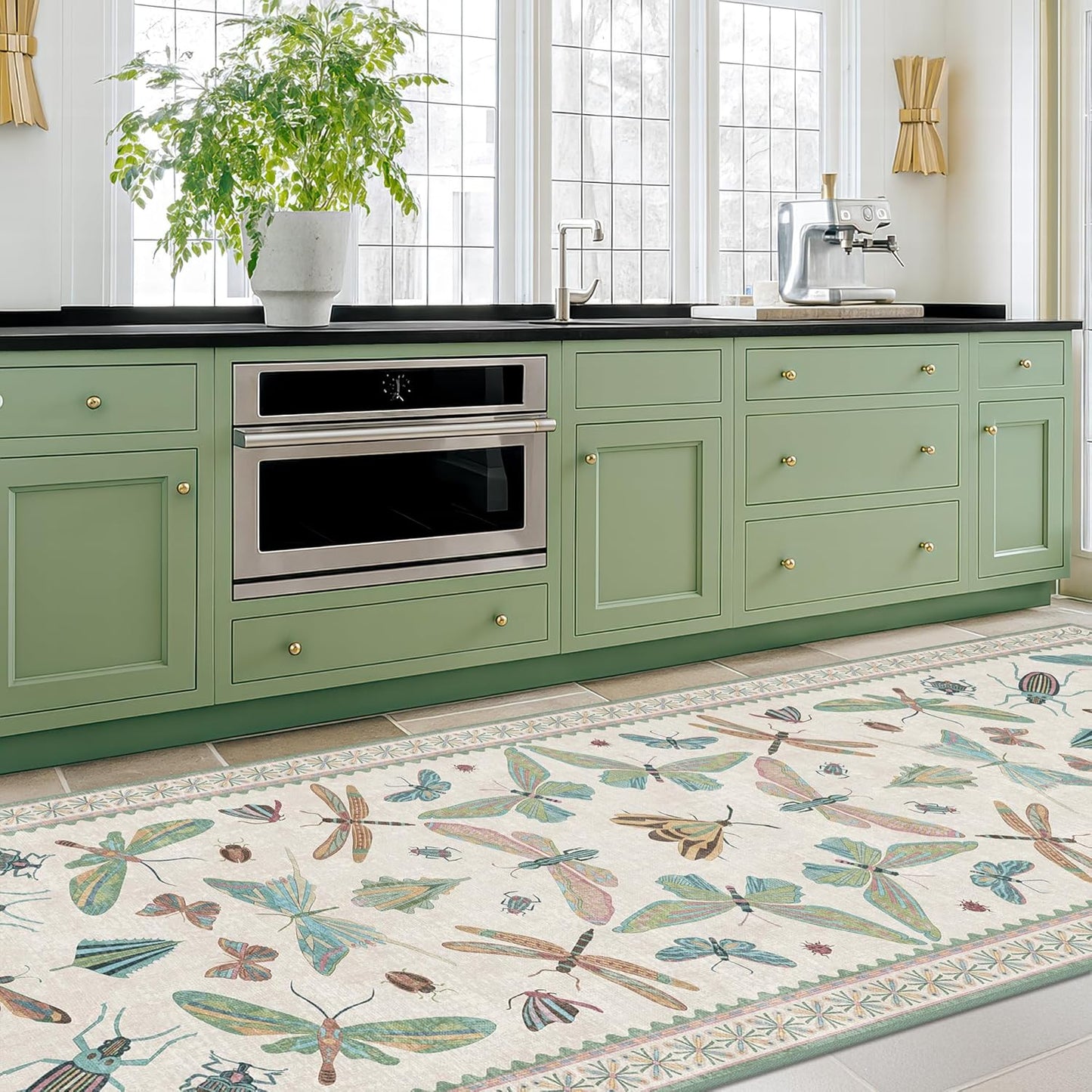 Skiennix Insect Print 8ft Hallway Runner Rug - Light Green, Washable Non-Slip Design for Entryways