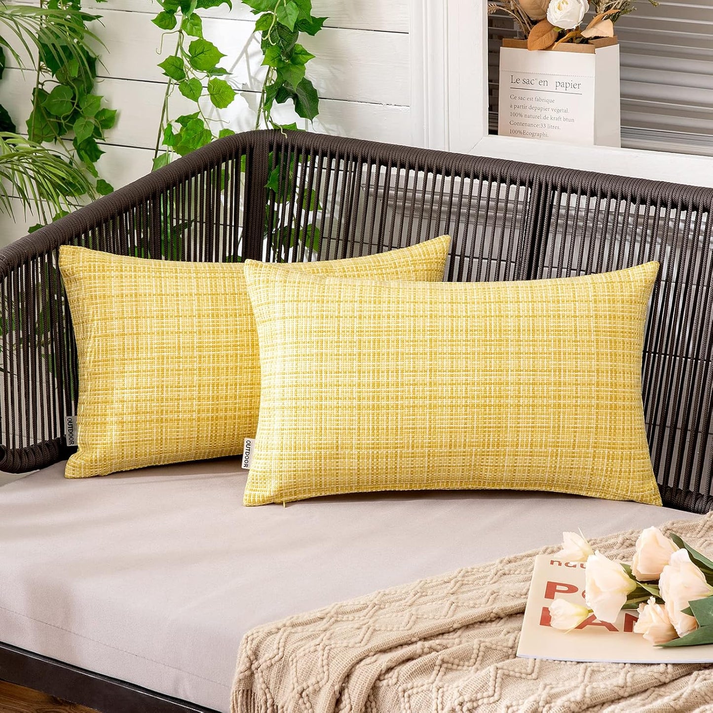MIULEE Outdoor Waterproof Throw Pillow Covers - Decorative Farmhouse Cushion Covers | 12x20 Inch Yellow, Pack of 2