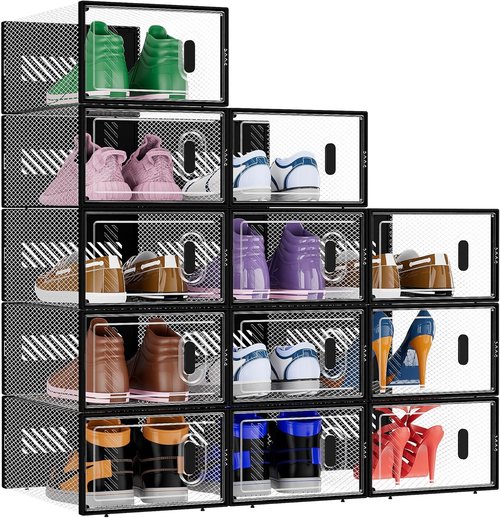 BALEINE Stackable Shoe Storage Boxes - 12 Pack Thickened Clear Plastic Organizer | Fits Size 11, X-Large Black