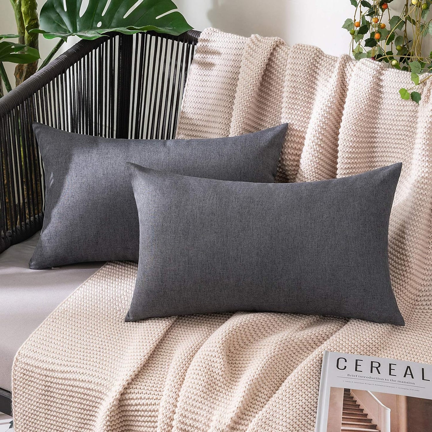 MIULEE Decorative Outdoor Throw Pillow Covers - Waterproof Faux Linen Cushion Cases | 20x12 Inch Dark Grey (Pack of 2)