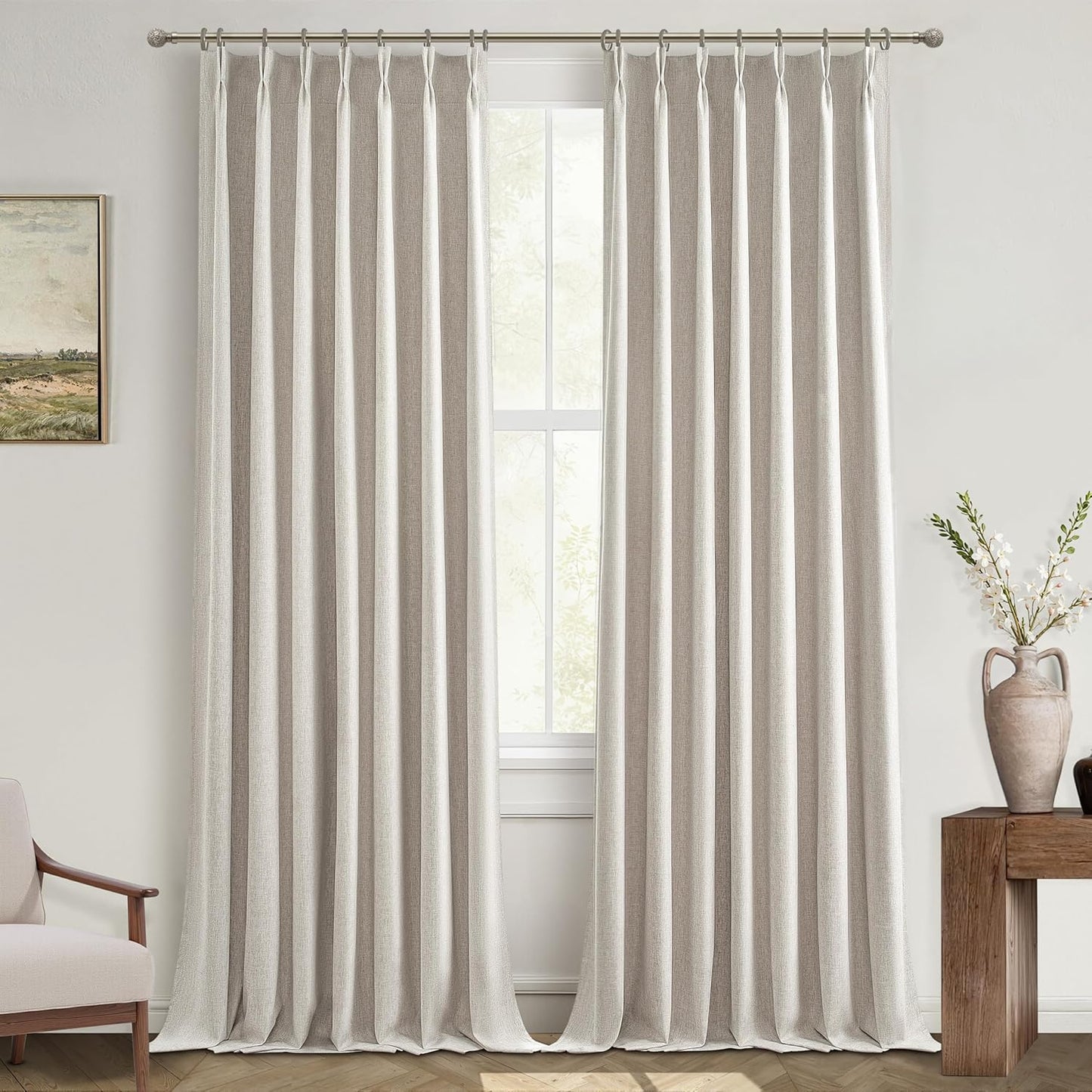 Skiennix Natural Linen Blackout Curtains - 96 Inch Long Thermal Insulated Drapes | 2 Panel Set in Neutral