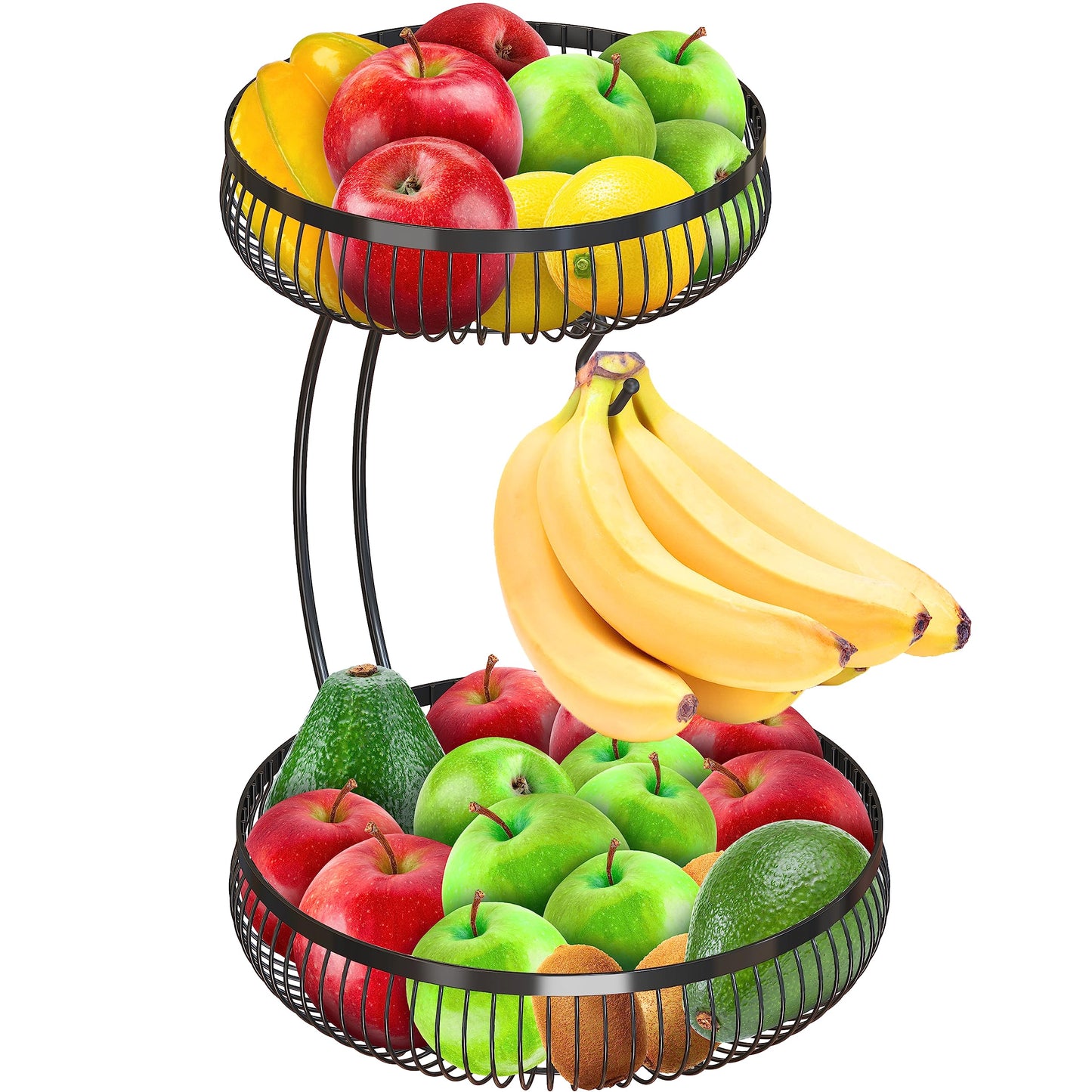 Simple Houseware 2-Tier Countertop Fruit Basket with Banana Hanger, Black