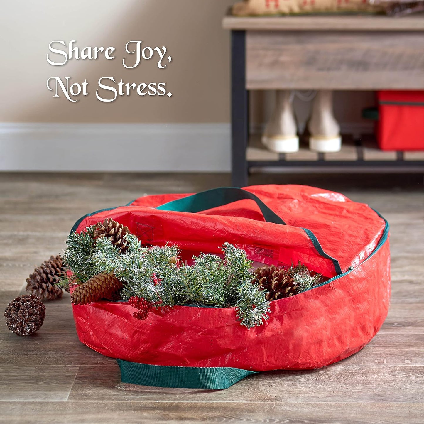 ZOBER Christmas Wreath Storage Container - 24 Inch Dual Zippered Bag with Durable Handles - Red