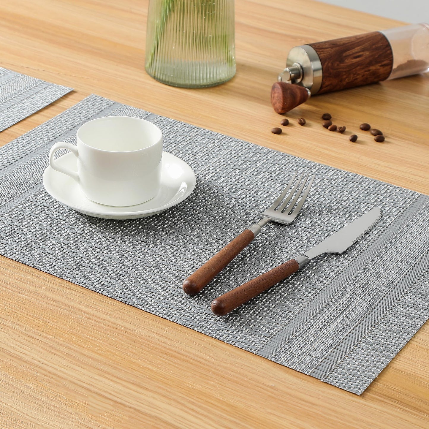 Leetaltree Lunar Grey Placemats Set of 6 - Heat Resistant Non-Slip Place mats for Dining Table, Washable Durable PVC Vinyl Woven Table Mats（Lunar Grey, 6）