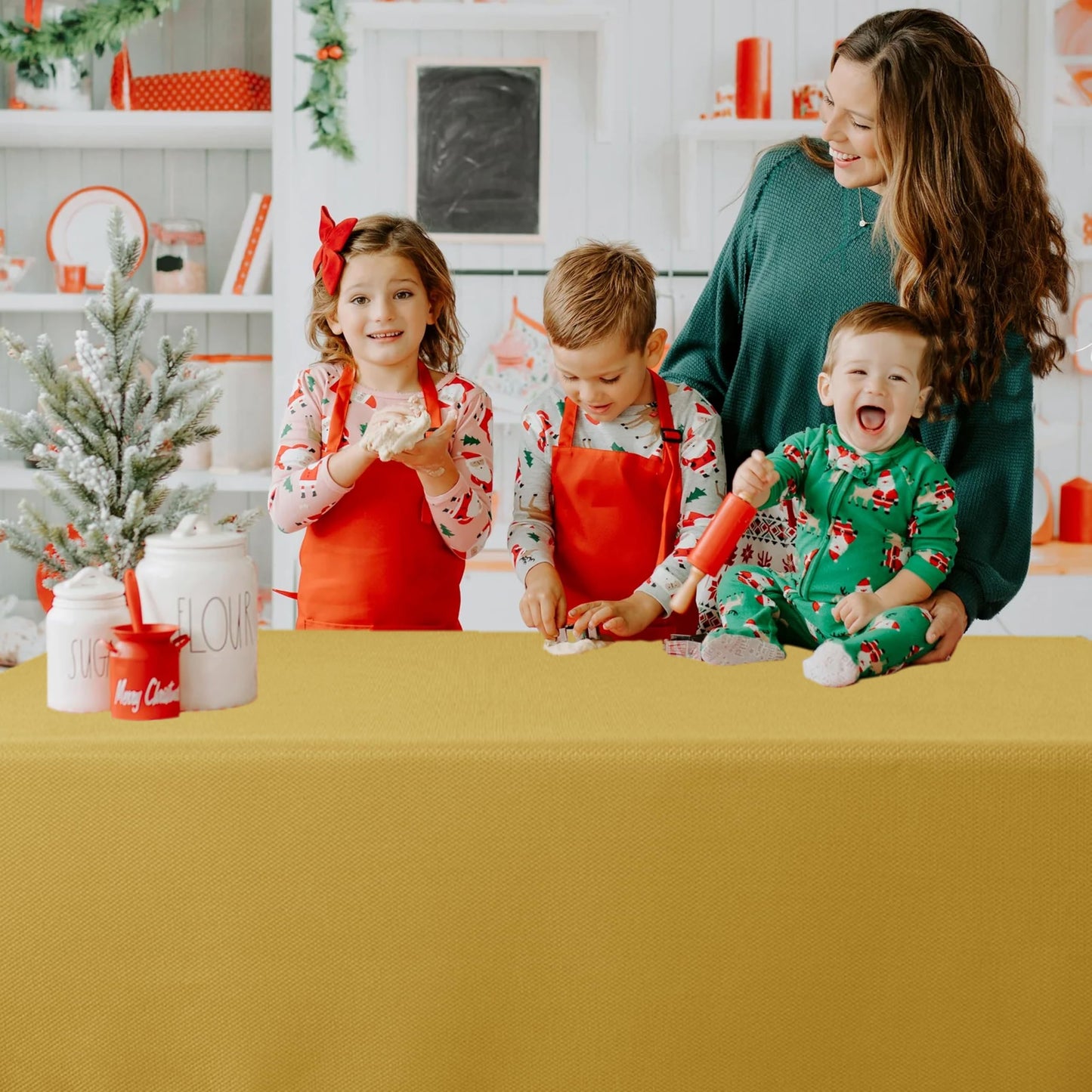 Biscaynebay Textured Fabric Rectangle Christmas Tablecloths 70x108 Inch, Gold Water Resistant Tablecloths for Dining, Kitchen, Wedding, Parties etc. Machine Washable