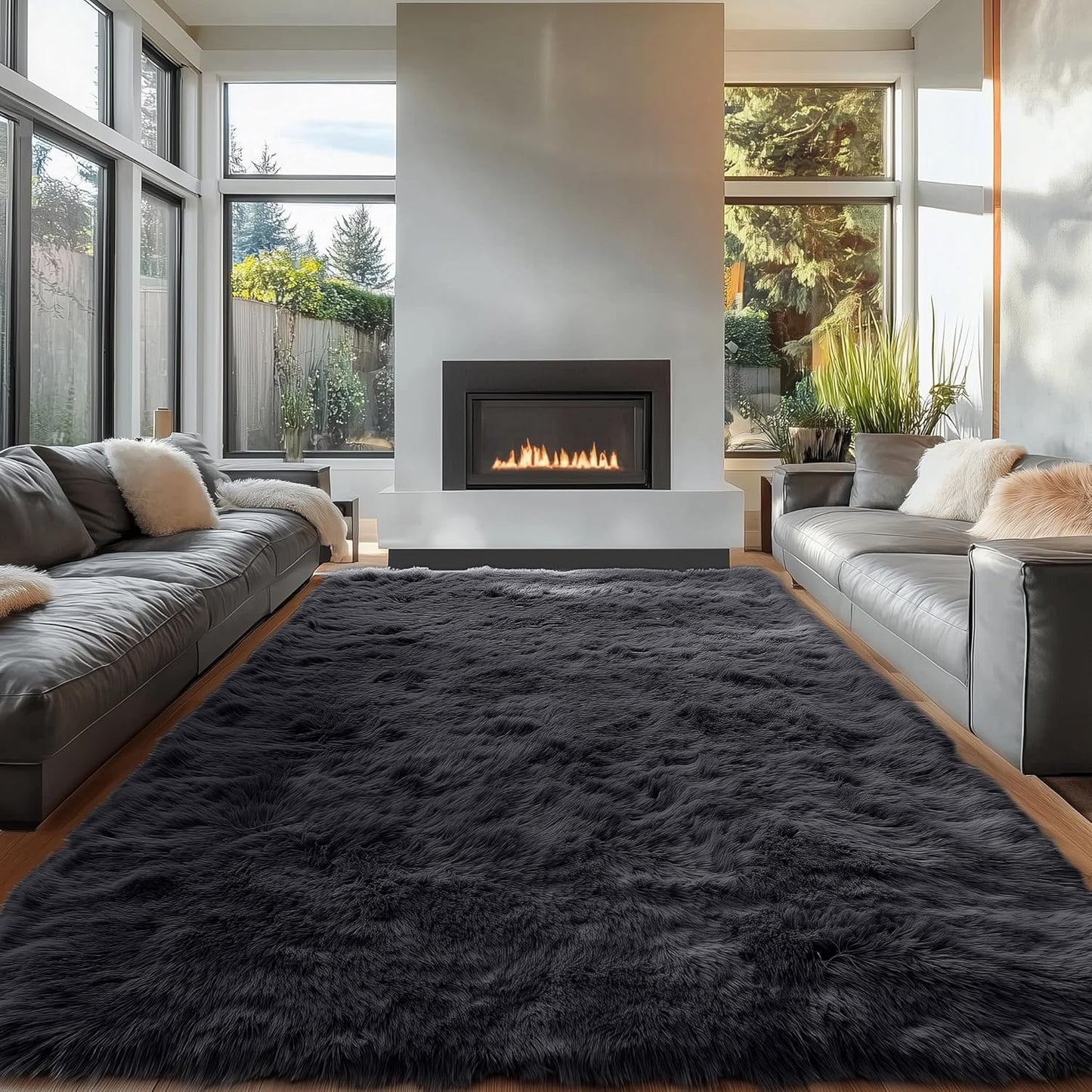 OLANLY Large Area Rug - Soft Fluffy Shaggy Carpet for Living Room & Bedroom | 6x11 ft, Black
