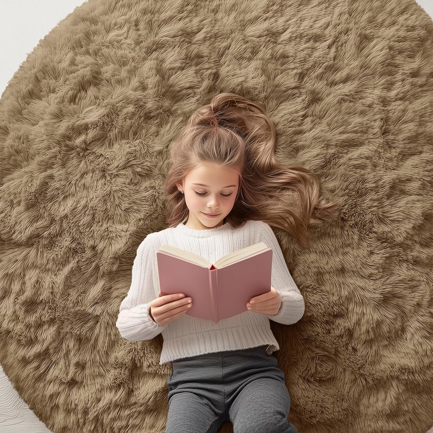 OLANLY Round Area Rug - Soft Taupe Shaggy Carpet, Machine Washable, 5 ft Circle for Bedroom & Living Room