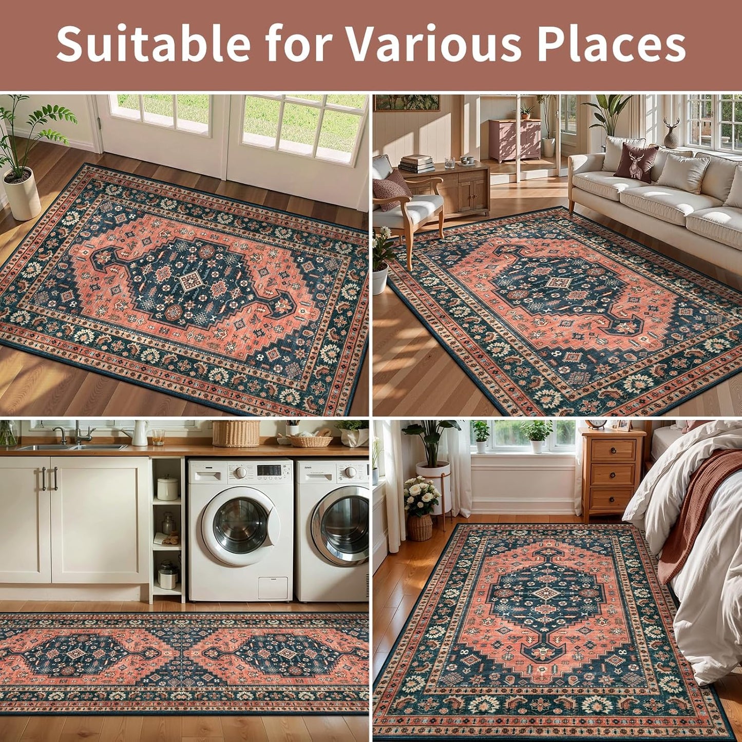 Tangsoo Vintage Small 2x3 Rug - Washable Non-Slip Entryway Mat in Boho Red & Blue Design
