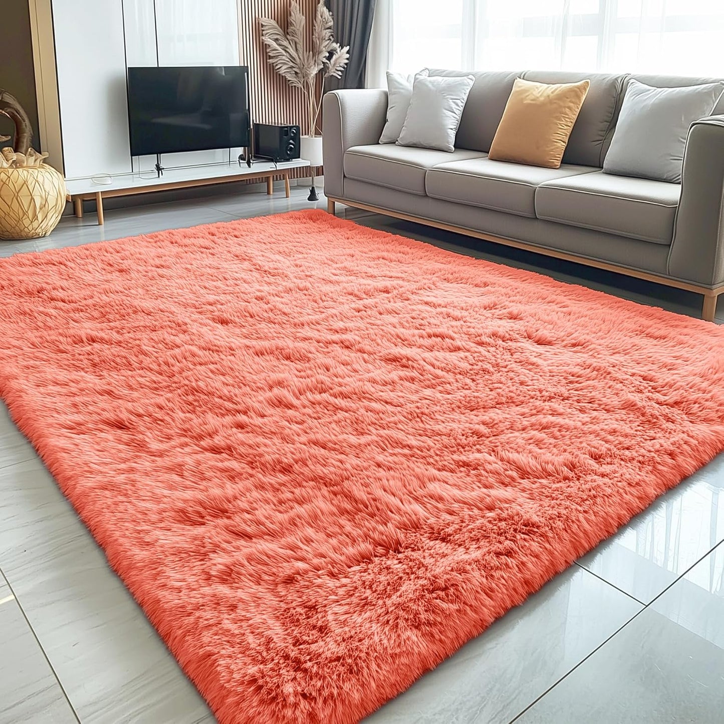 OLANLY Large Area Rug - Soft Fluffy Shaggy Indoor Carpet for Living Room & Bedroom | Coral Red 5x8