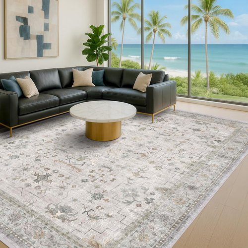 Hazo Haus Boho Light Grey Area Rug - Modern Vintage Floral Design | 10x14 Washable Non-Slip Extra Large for Living Room & Dining Room