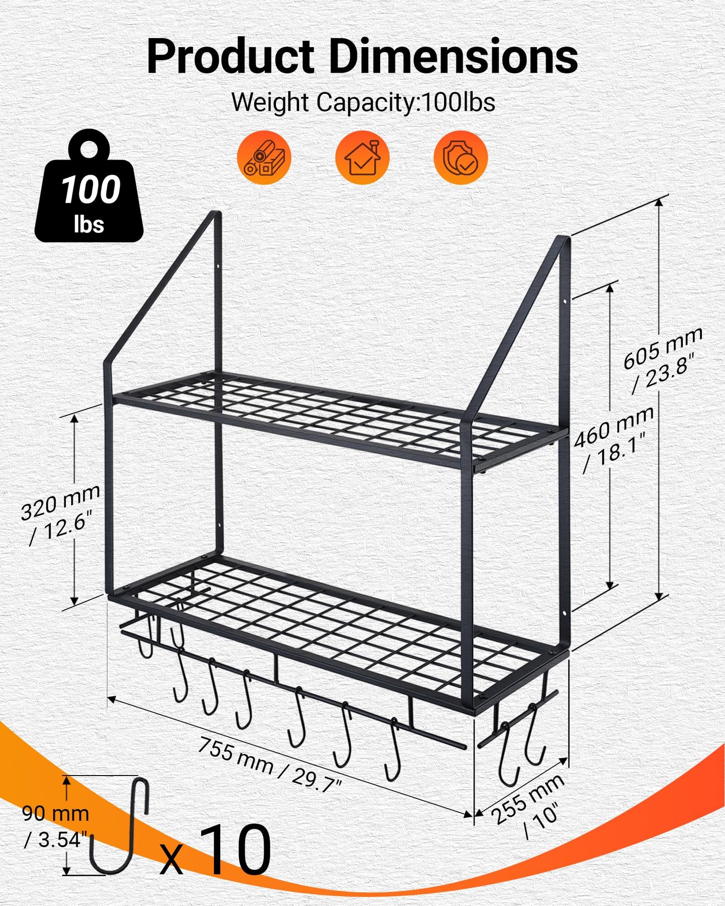 Hoooh 30-Inch Wall Mount Pot Racks - 2-Tier Pot Rack Pan Hanger for Kitchen Storage and Organization - Matte Black Cookware Hanging Shelves with 10 Hooks