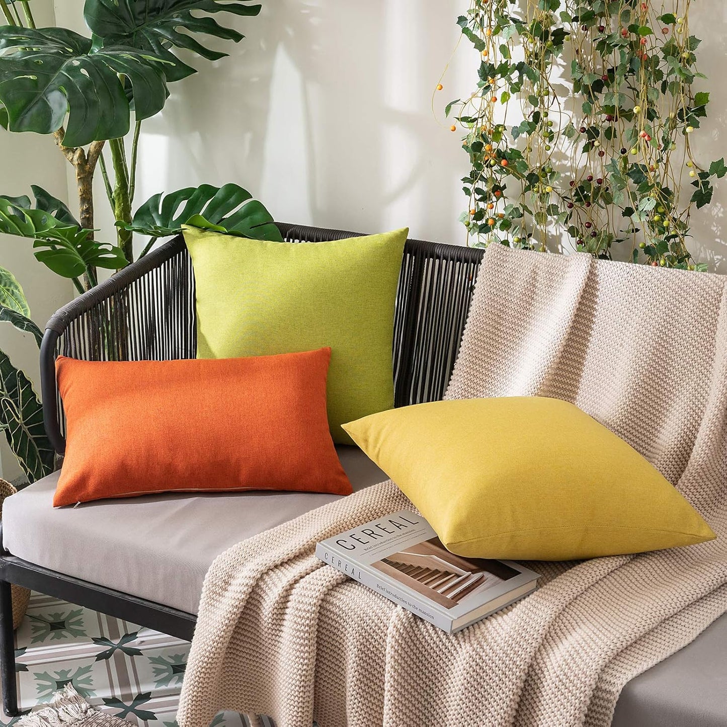 MIULEE Decorative Outdoor Throw Pillow Covers - Waterproof Faux Linen Cushion Cases | 24x24 Inch Green, Set of 2