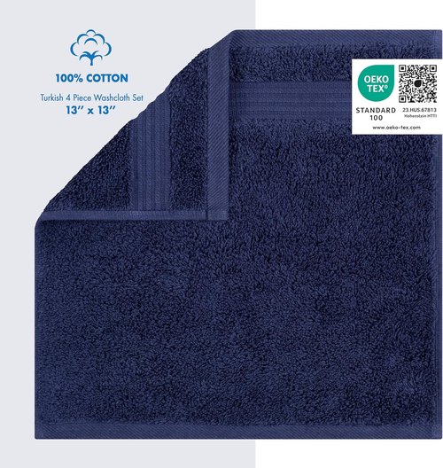 Cotton Paradise 100% Cotton Washcloth Set - Soft, Absorbent 4-Piece Towels in Navy Blue