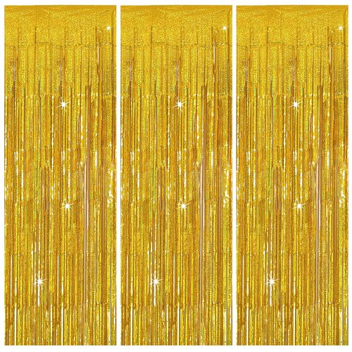 3 Pack Gold Foil Tinsel Backdrop Curtain Birthday Decorations Streamers for Dance Party Photo Booth Props Bachelorette Christmas Halloween New Years Eve Party Supplies