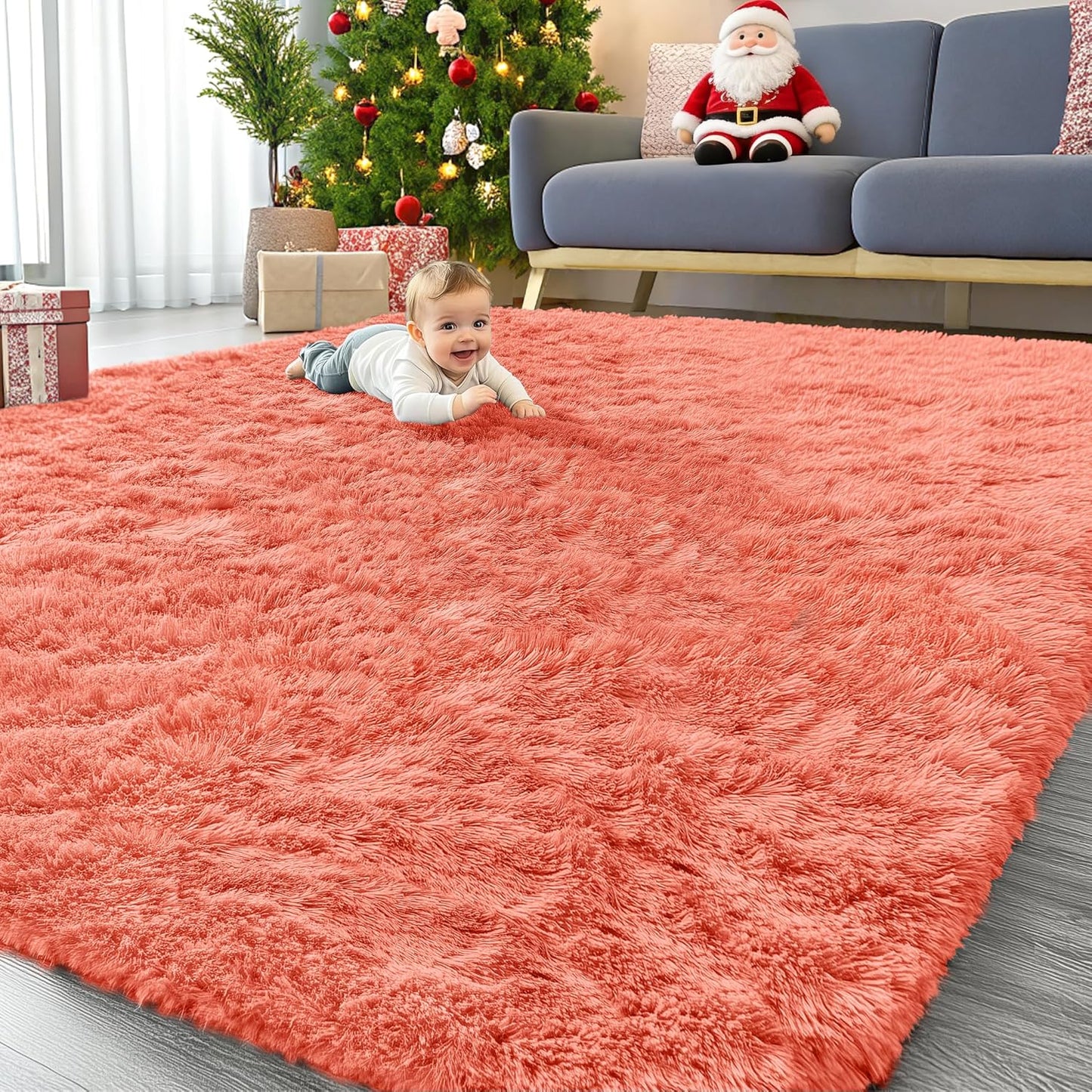 OLANLY Large Machine Washable Area Rug - Soft Fluffy Shaggy Carpet for Living Room & Bedroom | Coral Red 9x12
