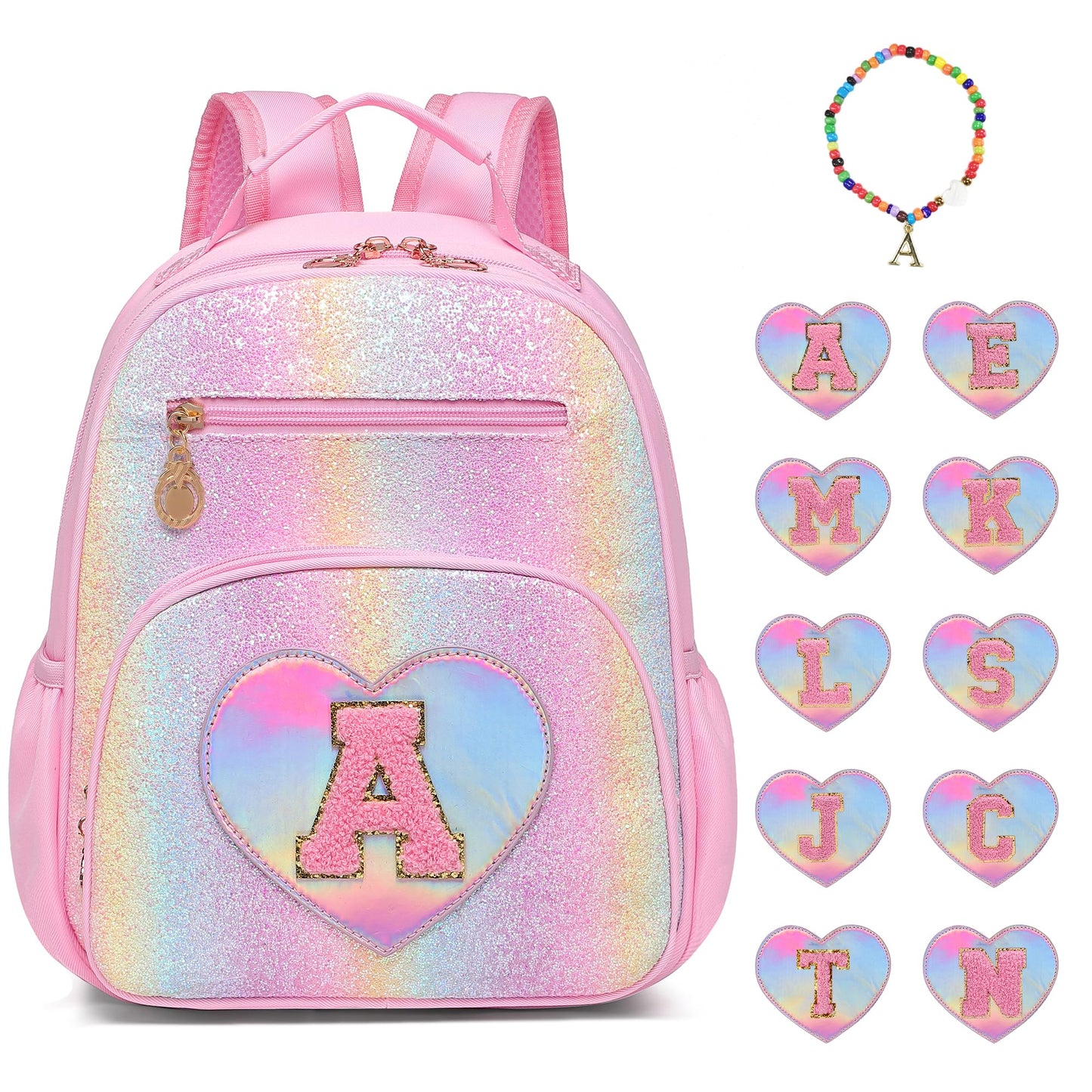 I IHAYNER Glitter Kids Backpack for School Travel & Daycare, Cute Pink Backpack with Initial, Lightweight Preschool Elementary Backpack for Girls, Personalized Gifts for Toddler & Little Girls