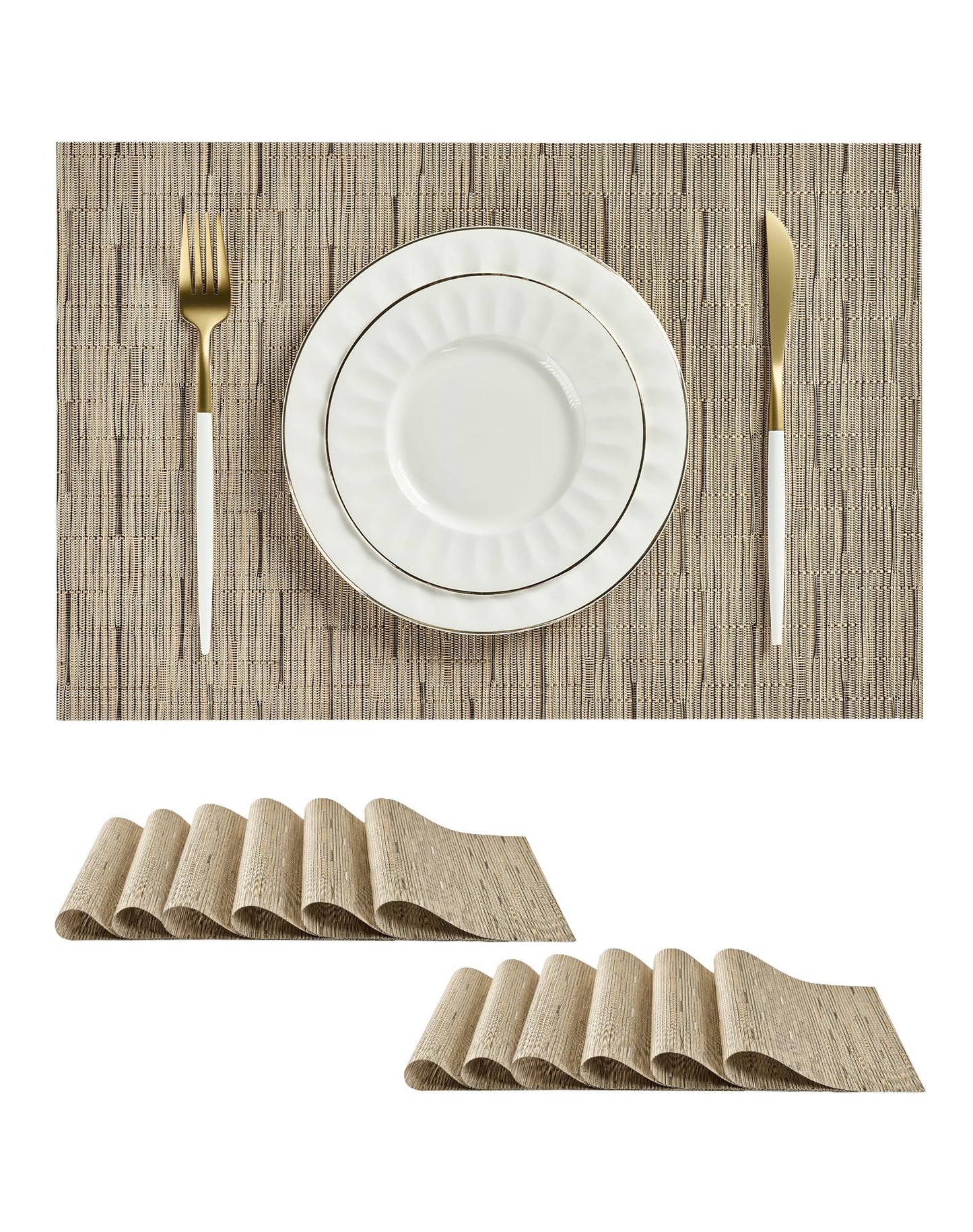 Leetaltree Light Brown Placemats Set of 24 - Heat Resistant Non-Slip Place mats for Dining Table, Washable Durable PVC Vinyl Woven Table Mats(Light Brown, 24)