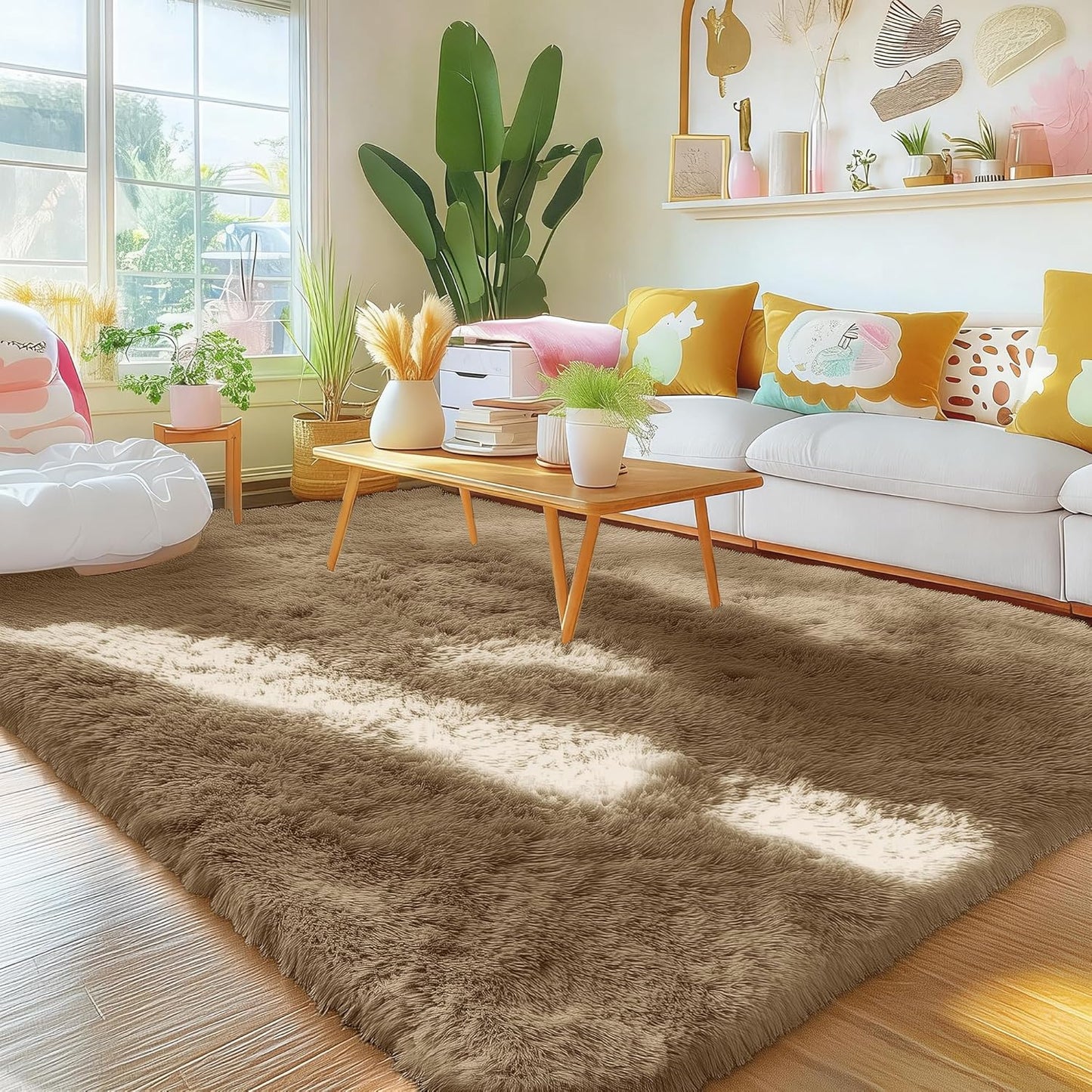 OLANLY Area Rugs - Soft Fluffy Shaggy Indoor Carpet for Living Room & Bedroom | 4x5.9 ft Taupe