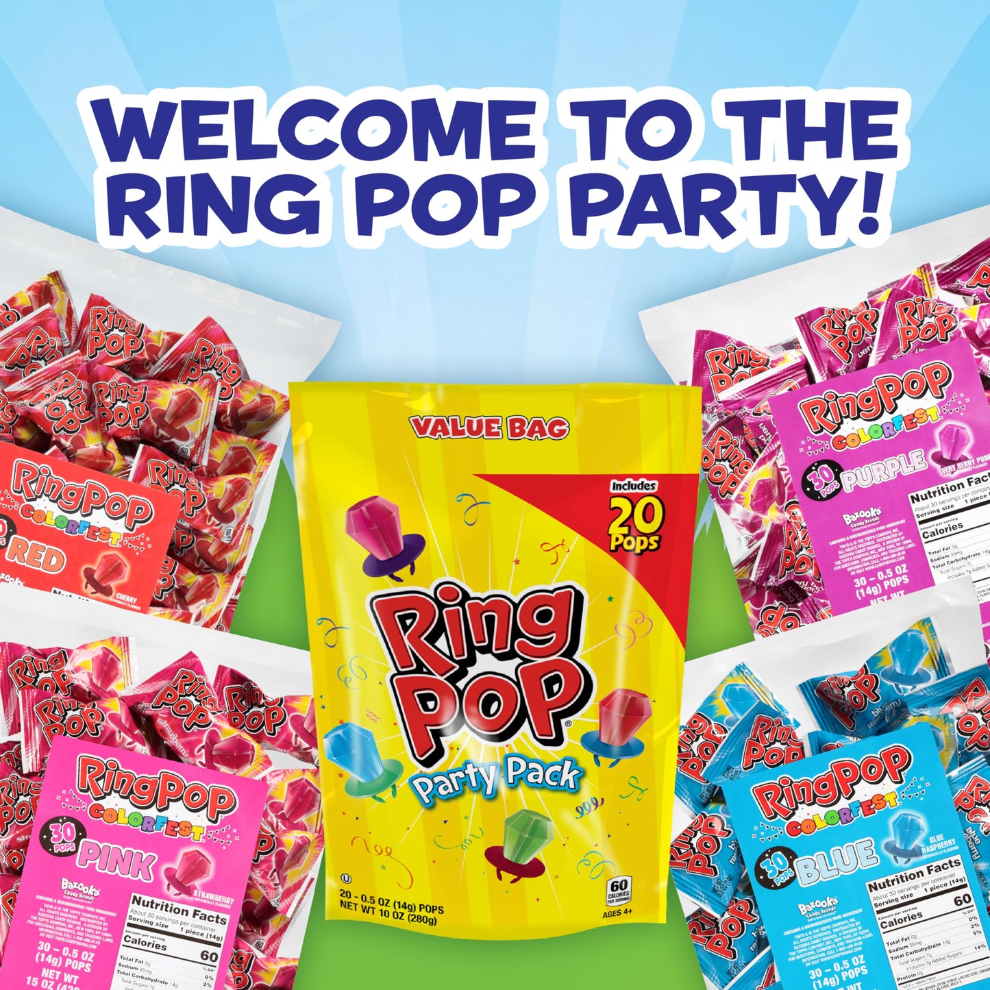Ring Pop Lollipops - Bulk Candy Individually Wrapped Suckers Variety Party Pack- 20 Count w/Assorted Flavors - Hard Candy for Party Favors, Kids & Goodie Bags