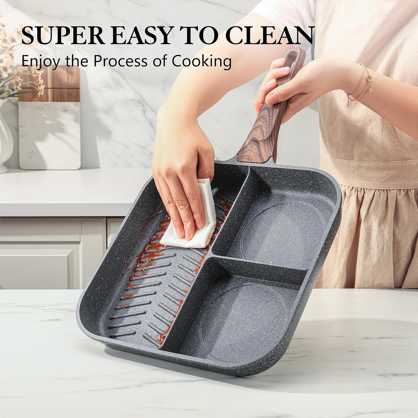 Sensarte Nonstick 11-Inch Square Grill Pan - Versatile 3-Section Breakfast Skillet | Induction & Gas Compatible