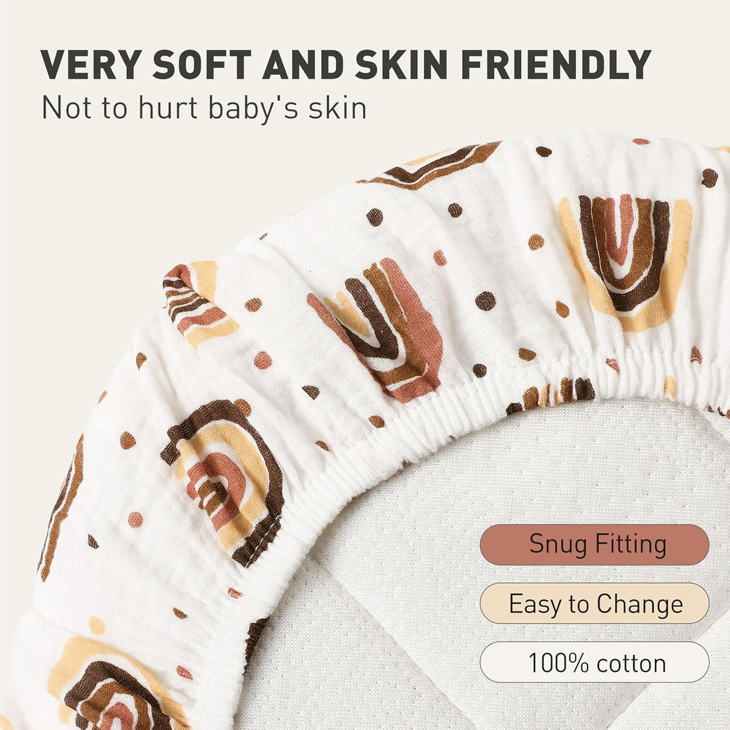 Skiennix Muslin Bassinet Fitted Sheets - Soft Cotton Baby Mattress Set | 360° Elastic Fit, Cute Rainbow Design