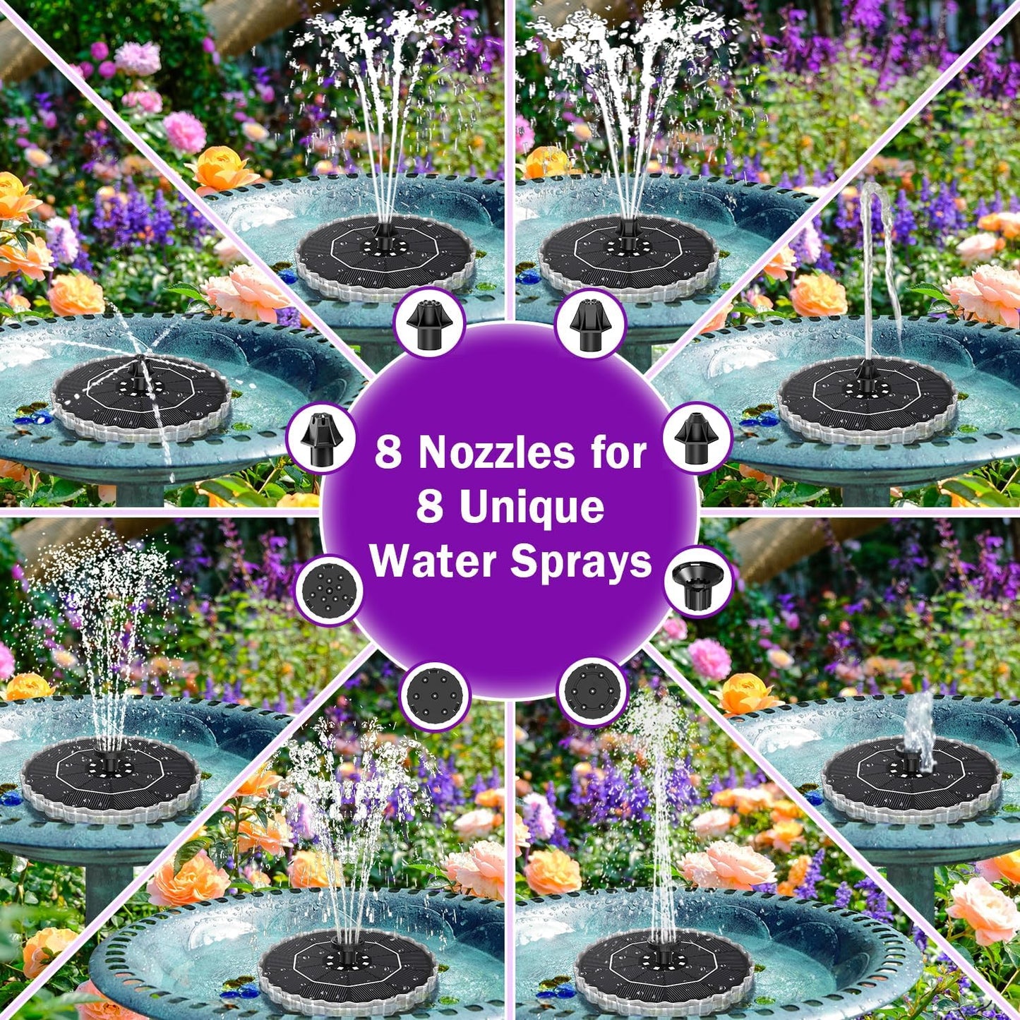 SZMP Solar Fountain - 3.5W Bird Bath Water Feature with 2000mAh Battery & 3D Color Changing LED Light | 8 Nozzles Included