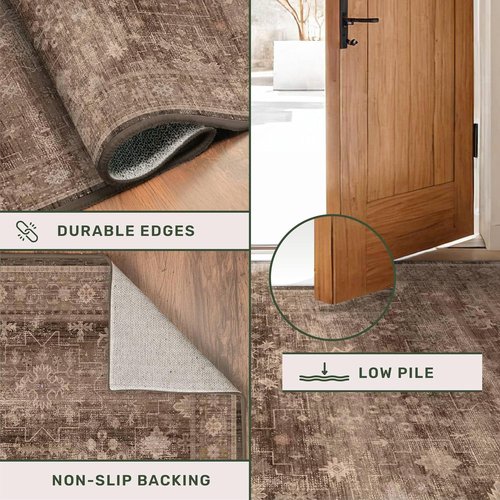 Boho Washable 2x8 Long Rug - Non-Skid Floral Vintage Carpet for Hallway & Kitchen | Soft, Stain-Resistant Mat (Gold Brown)