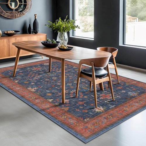 Hazo Haus Dark Blue & Terracotta Area Rug - Machine Washable 5x8 Living Room Carpet with Non-Slip Backing