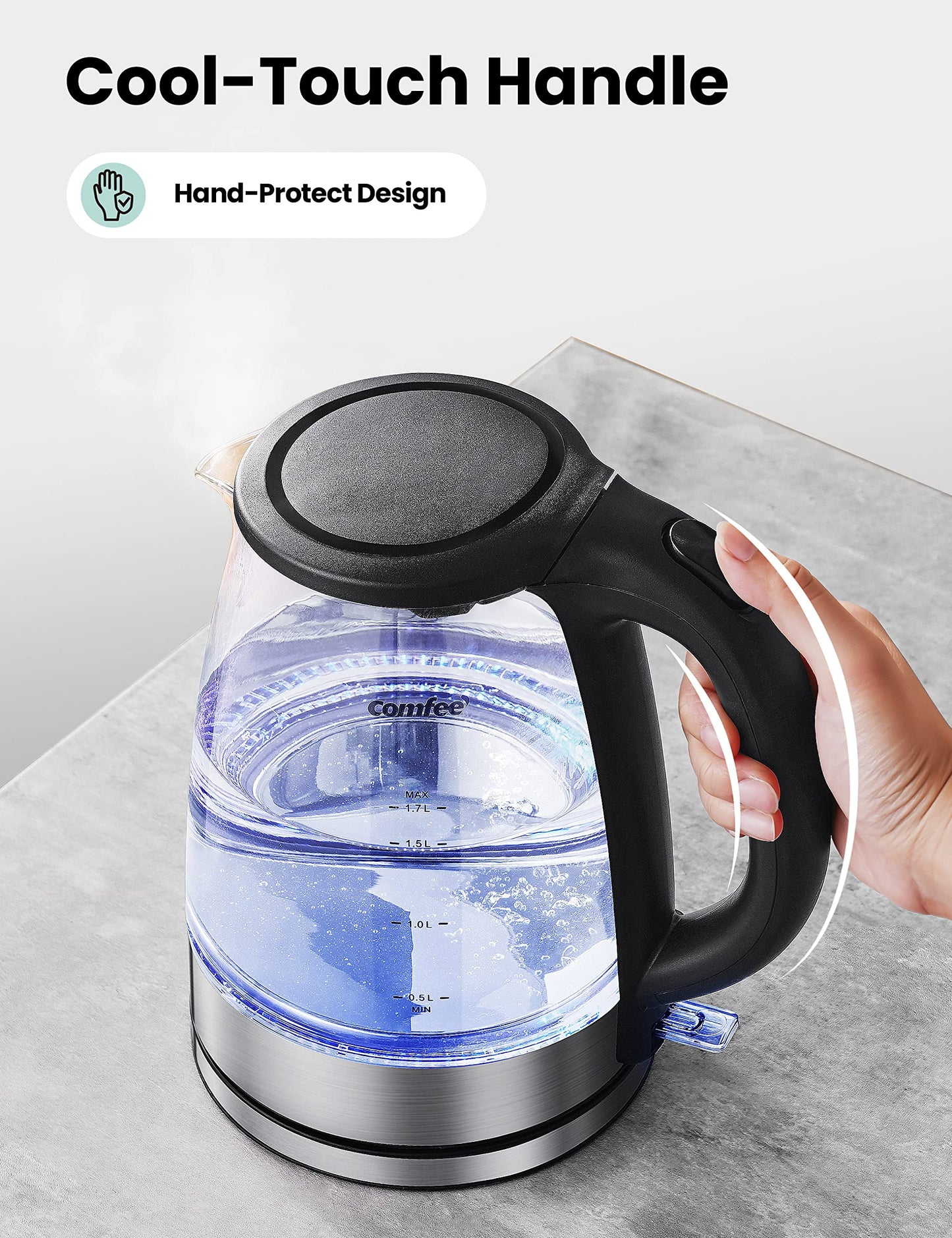 COMFEE' Glass Electric Tea Kettle & Hot Water Kettle Electric, 1.7L Electric Kettle with LED Indicator, 1500W Fast Boil, Auto Shut-Off and Boil-Dry Protection