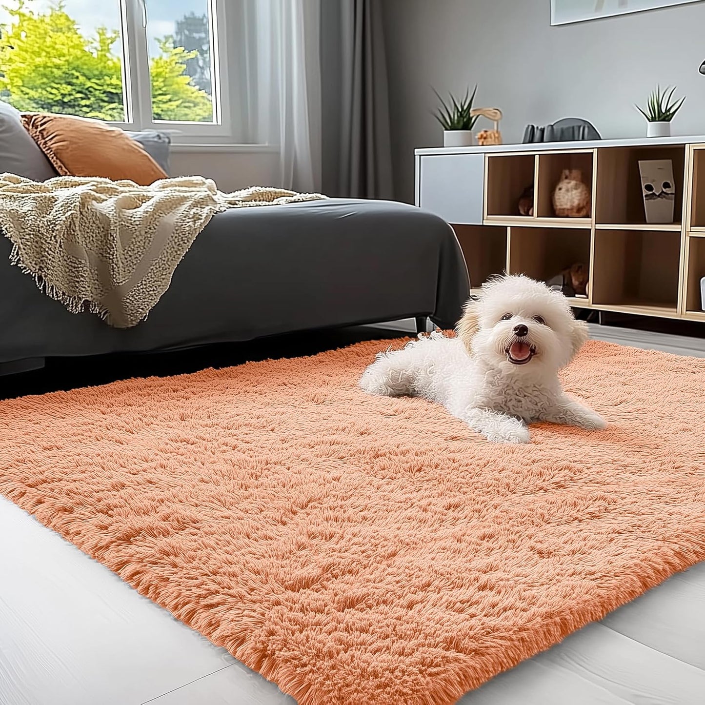 OLANLY Small Bedside Rug - Soft Fluffy Shaggy Carpet for Living Room & Bedroom | Muted Orange, Machine Washable